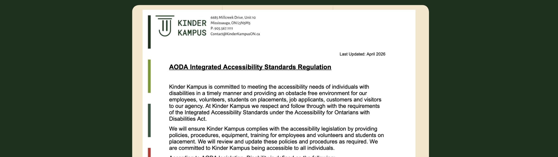 AODA Accessibility Policy Post Thumbnail. Preview of Policy Page 1.